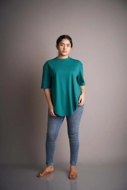 Make a bold fashion statement with this apple-cut T-shirt in a stunning blue hue, perfect for a vibrant and stylish look.