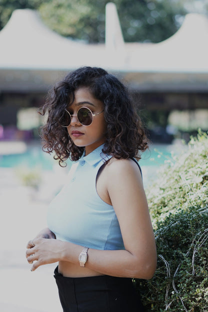 Stay in tune with fashion trends with these blue tee crop tops, ensuring a stylish and on-point look for any occasion.