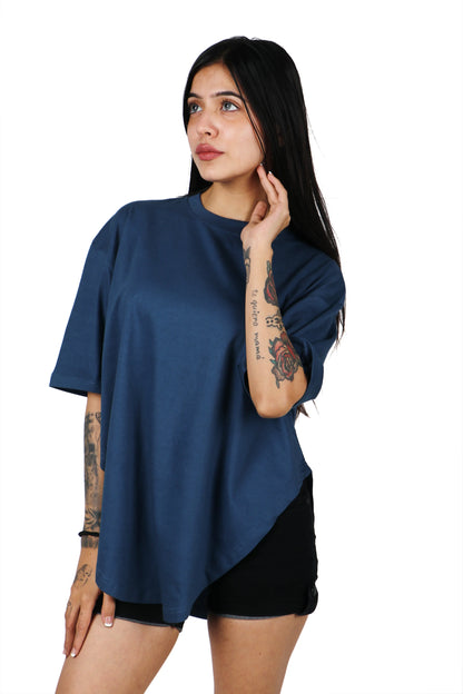 Step into lively vibes with this blue side-cut apple-cut T-shirt, a chic and trendy choice for fashion-forward women.