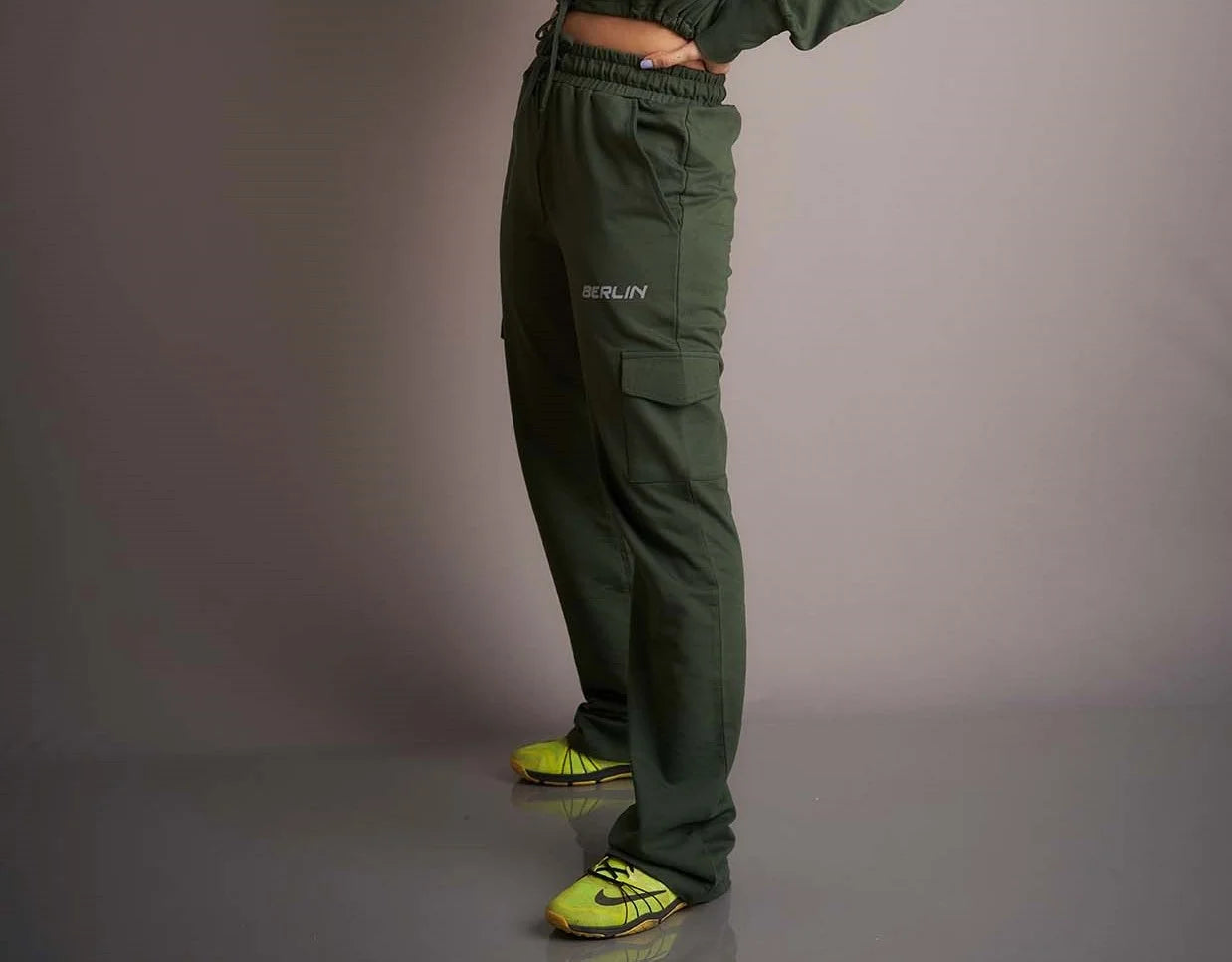 Experience weekend casual in style with these women's olive joggers, a trendy and comfortable choice for laid-back moments.