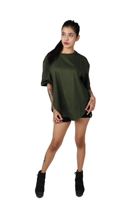 Achieve stylish olive vibes with this apple-cut T-shirt, a chic and trendy choice for fashion-forward individuals