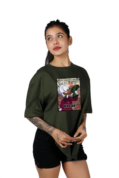 Infuse your wardrobe with bold olive style in this apple-cut T-shirt, a fashionable choice for a modern and eye-catching look